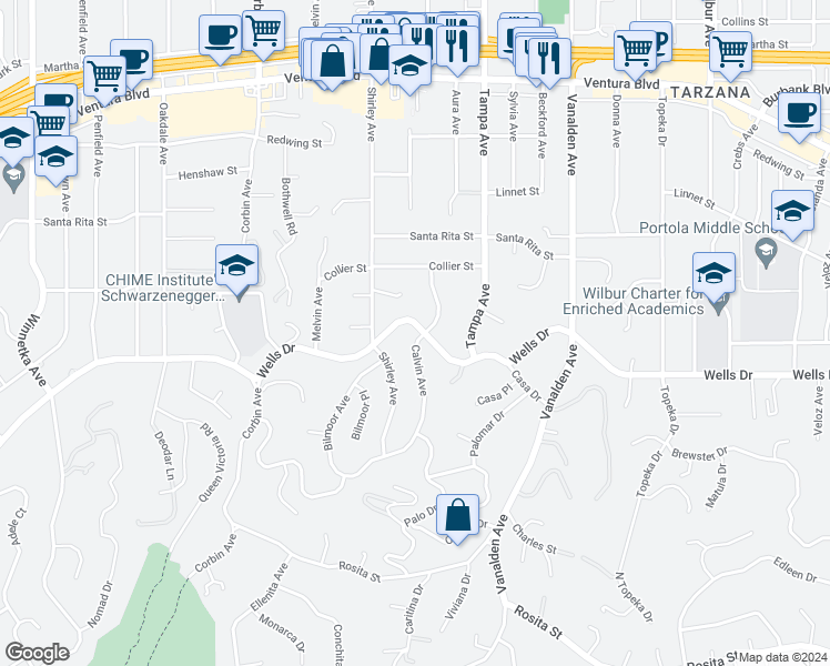 map of restaurants, bars, coffee shops, grocery stores, and more near 19400 Wells Drive in Los Angeles