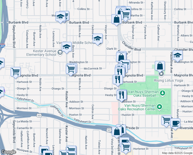 map of restaurants, bars, coffee shops, grocery stores, and more near 14634 Magnolia Boulevard in Los Angeles