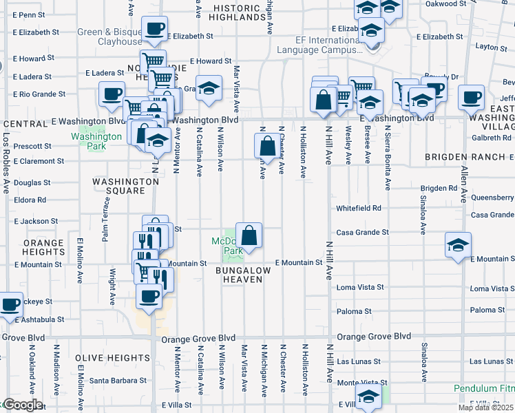 map of restaurants, bars, coffee shops, grocery stores, and more near 1044 Mar Vista Avenue in Pasadena