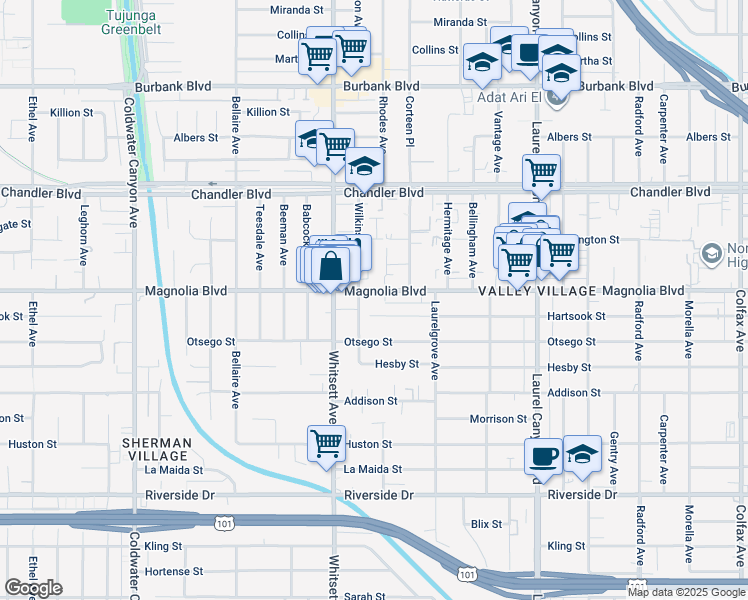 map of restaurants, bars, coffee shops, grocery stores, and more near 12416 Magnolia Boulevard in Los Angeles