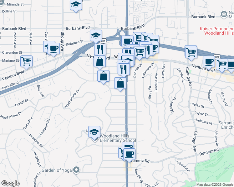 map of restaurants, bars, coffee shops, grocery stores, and more near 22035 De La Guerra Street in Los Angeles