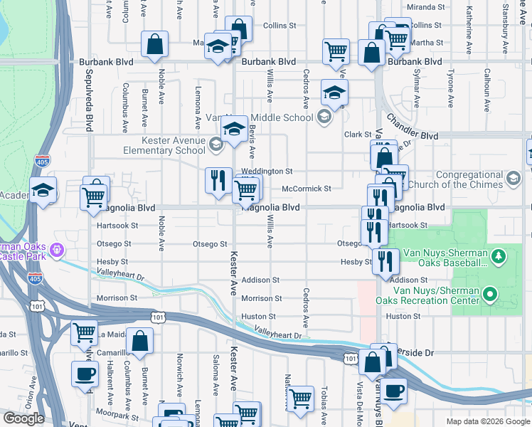 map of restaurants, bars, coffee shops, grocery stores, and more near 14804 Magnolia Boulevard in Los Angeles