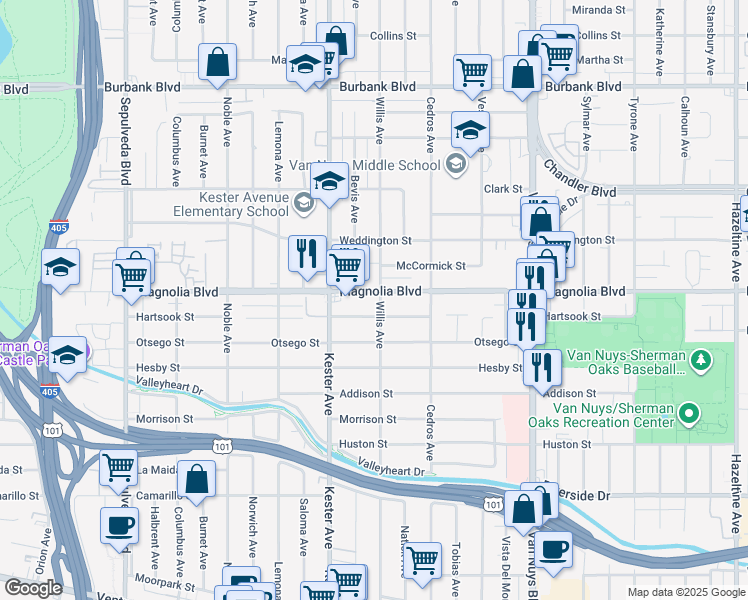 map of restaurants, bars, coffee shops, grocery stores, and more near 14804 Magnolia Boulevard in Los Angeles