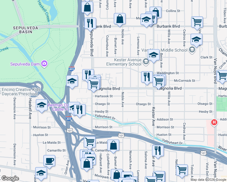 map of restaurants, bars, coffee shops, grocery stores, and more near 15115 Hartsook Street in Los Angeles