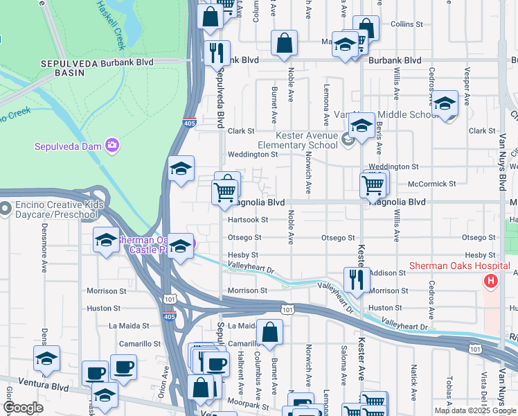 map of restaurants, bars, coffee shops, grocery stores, and more near 5170 Columbus Avenue in Los Angeles