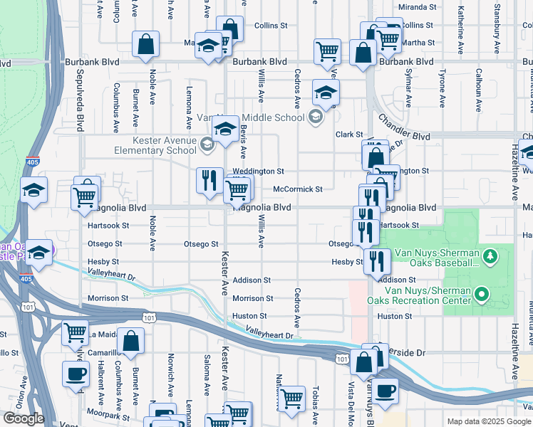 map of restaurants, bars, coffee shops, grocery stores, and more near 14758 Magnolia Boulevard in Los Angeles