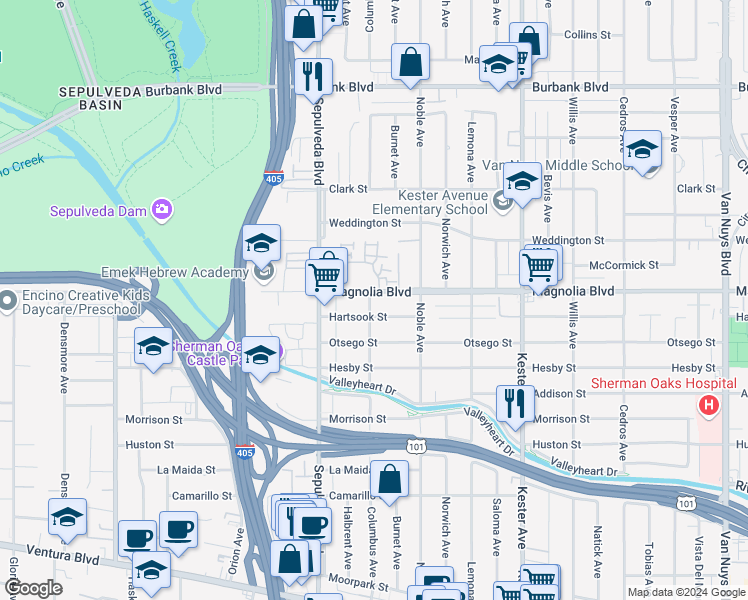 map of restaurants, bars, coffee shops, grocery stores, and more near 5170 Columbus Avenue in Los Angeles