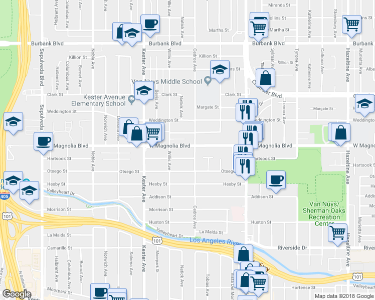 map of restaurants, bars, coffee shops, grocery stores, and more near 14718 Magnolia Boulevard in Los Angeles