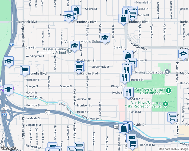 map of restaurants, bars, coffee shops, grocery stores, and more near 14728 Magnolia Boulevard in Los Angeles