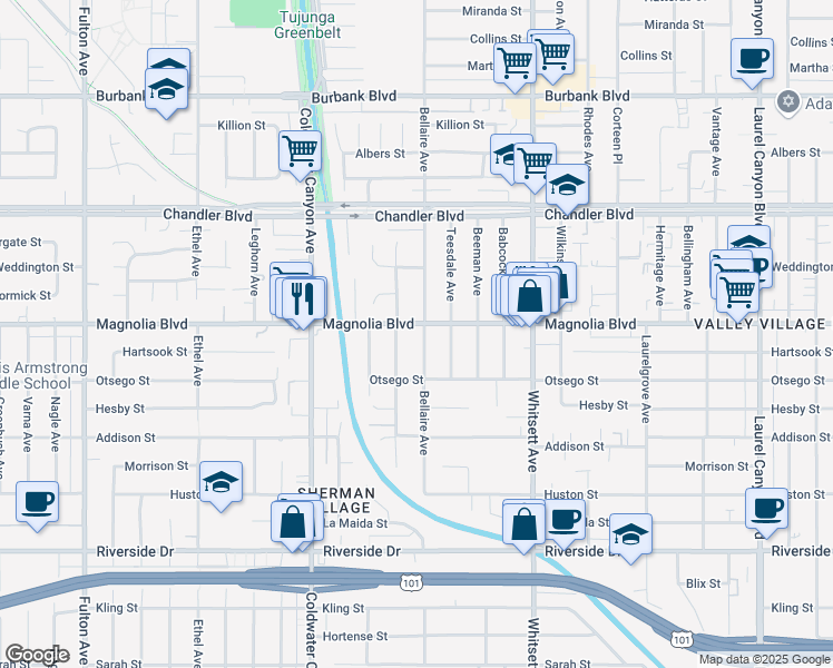 map of restaurants, bars, coffee shops, grocery stores, and more near 5155 Bellaire Avenue in Los Angeles