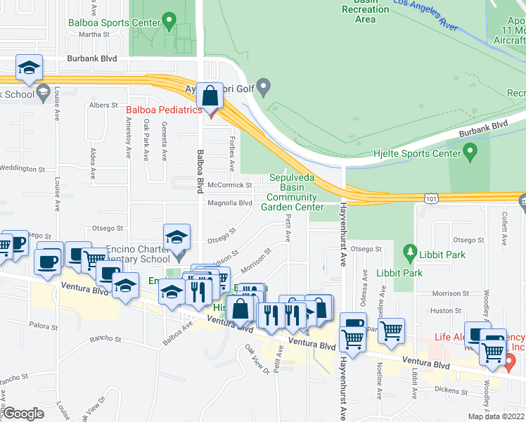 map of restaurants, bars, coffee shops, grocery stores, and more near 16669 Addison Street in Los Angeles