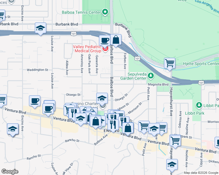 map of restaurants, bars, coffee shops, grocery stores, and more near 5139 Balboa Boulevard in Los Angeles