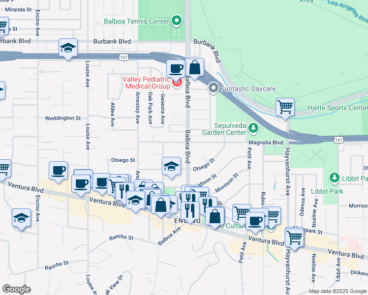 map of restaurants, bars, coffee shops, grocery stores, and more near 5151 Balboa Boulevard in Los Angeles