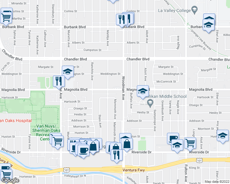 map of restaurants, bars, coffee shops, grocery stores, and more near 13734 Magnolia Blvd in Sherman Oaks