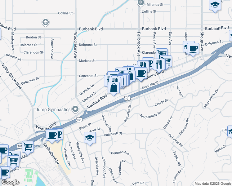 map of restaurants, bars, coffee shops, grocery stores, and more near 22984 Ventura Boulevard in Los Angeles