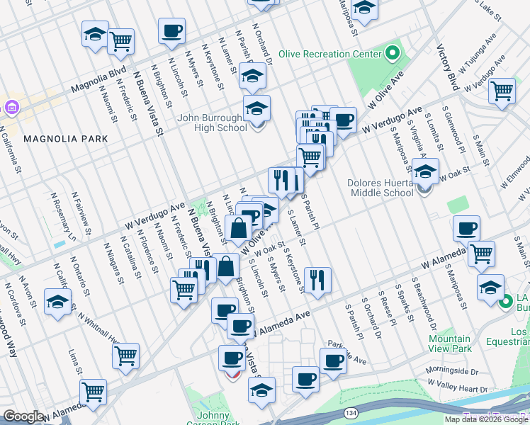 map of restaurants, bars, coffee shops, grocery stores, and more near 125 North Keystone Street in Burbank