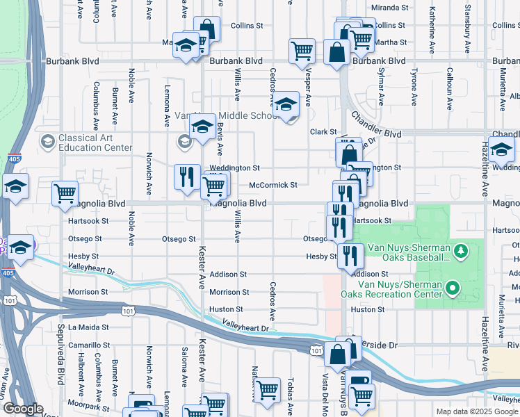 map of restaurants, bars, coffee shops, grocery stores, and more near 14709 Hartsook Street in Los Angeles