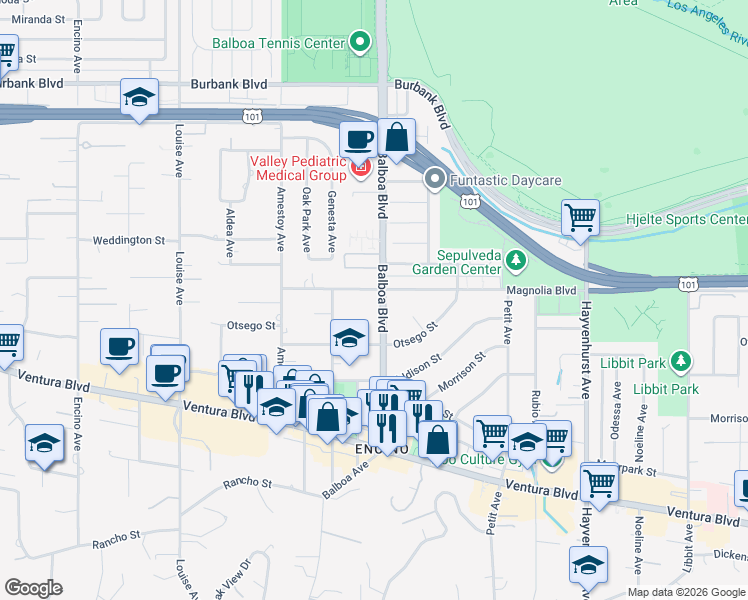 map of restaurants, bars, coffee shops, grocery stores, and more near 5151 Balboa Boulevard in Los Angeles