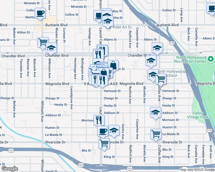 map of restaurants, bars, coffee shops, grocery stores, and more near 12021 Hartsook Street in Los Angeles