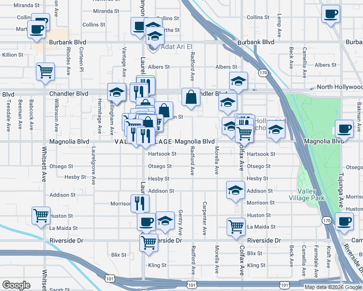 map of restaurants, bars, coffee shops, grocery stores, and more near 11928 Magnolia Boulevard in Los Angeles