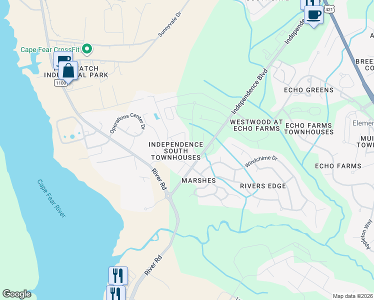 map of restaurants, bars, coffee shops, grocery stores, and more near 204 Hibiscus Way in Wilmington