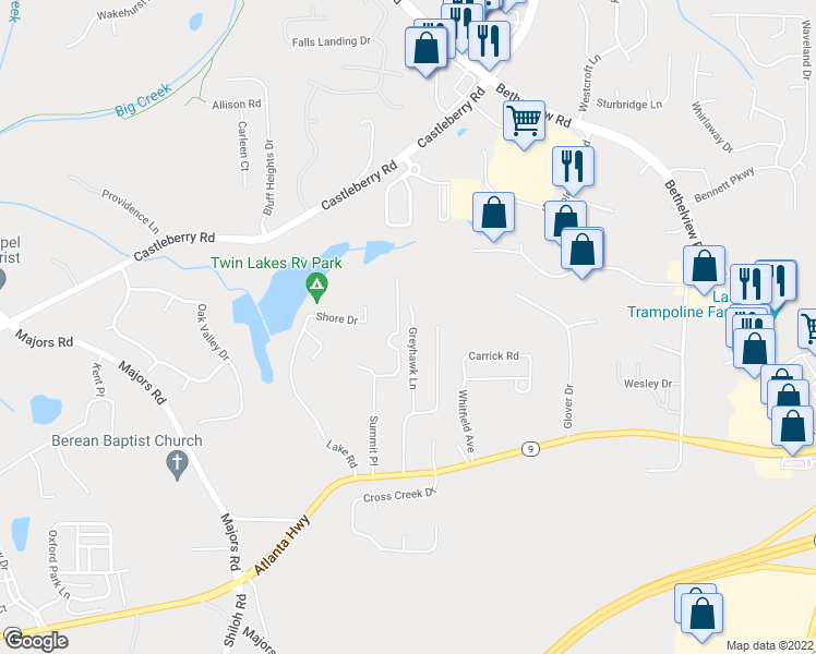 map of restaurants, bars, coffee shops, grocery stores, and more near 2981 Greyhawk Lane in Cumming