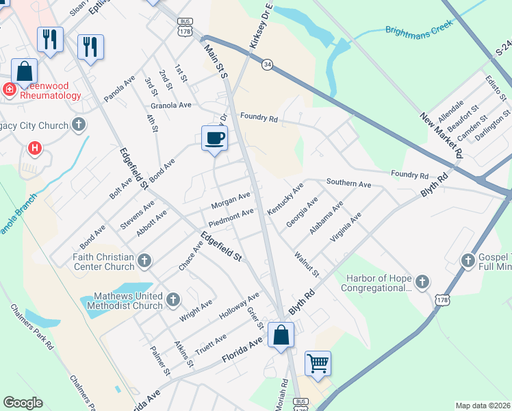 map of restaurants, bars, coffee shops, grocery stores, and more near 2304 Main Street South in Greenwood