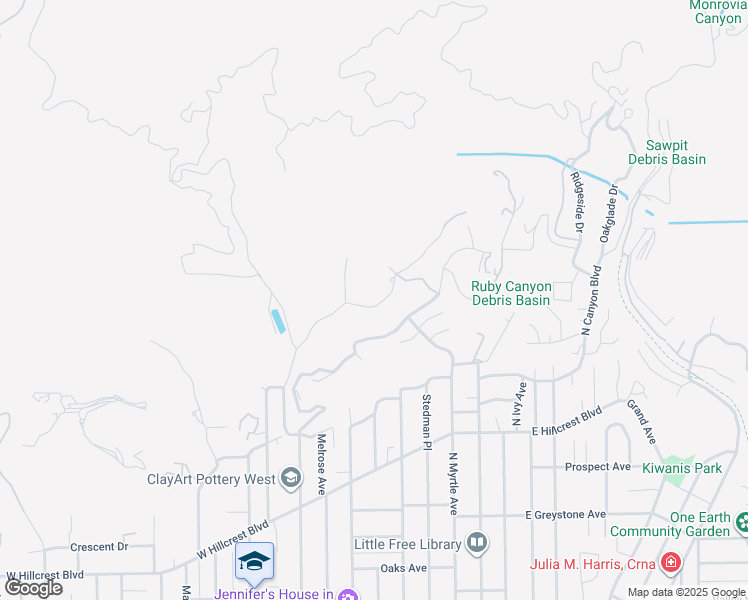 map of restaurants, bars, coffee shops, grocery stores, and more near 23 Hidden Valley Road in Monrovia