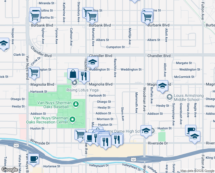 map of restaurants, bars, coffee shops, grocery stores, and more near 13934 Magnolia Boulevard in Los Angeles