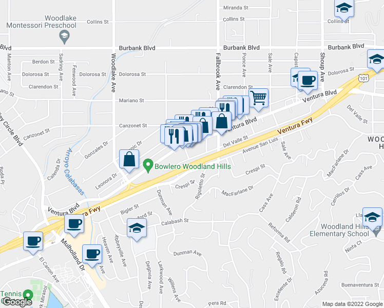map of restaurants, bars, coffee shops, grocery stores, and more near 23001 Del Valle Street in Los Angeles