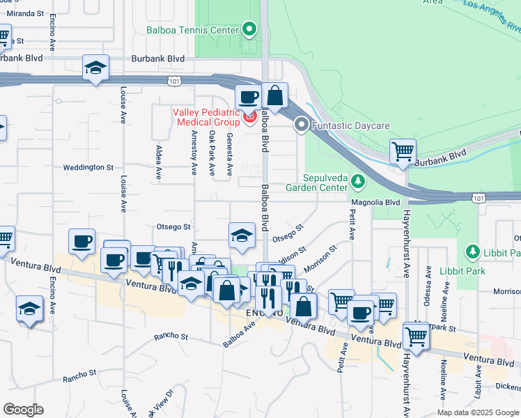 map of restaurants, bars, coffee shops, grocery stores, and more near 5151 Balboa Boulevard in Los Angeles