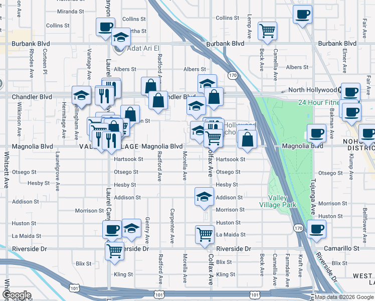 map of restaurants, bars, coffee shops, grocery stores, and more near 11752 Magnolia Boulevard in Los Angeles