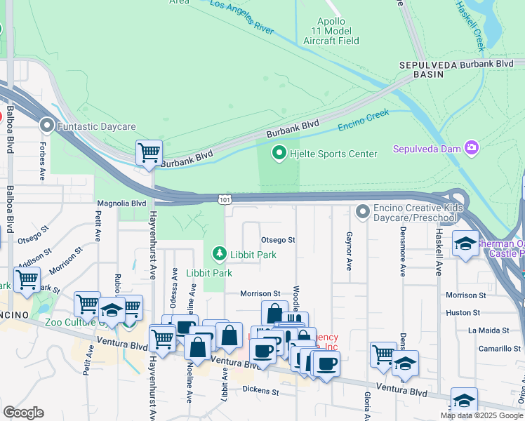 map of restaurants, bars, coffee shops, grocery stores, and more near 16160 Magnolia Boulevard in Los Angeles