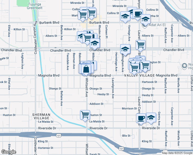 map of restaurants, bars, coffee shops, grocery stores, and more near 12416 Magnolia Boulevard in Los Angeles