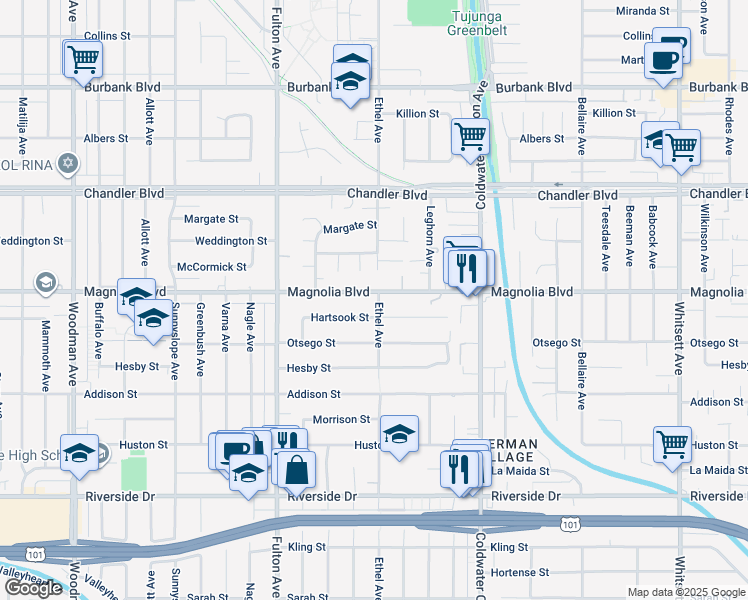 map of restaurants, bars, coffee shops, grocery stores, and more near 13104 Magnolia Boulevard in Los Angeles