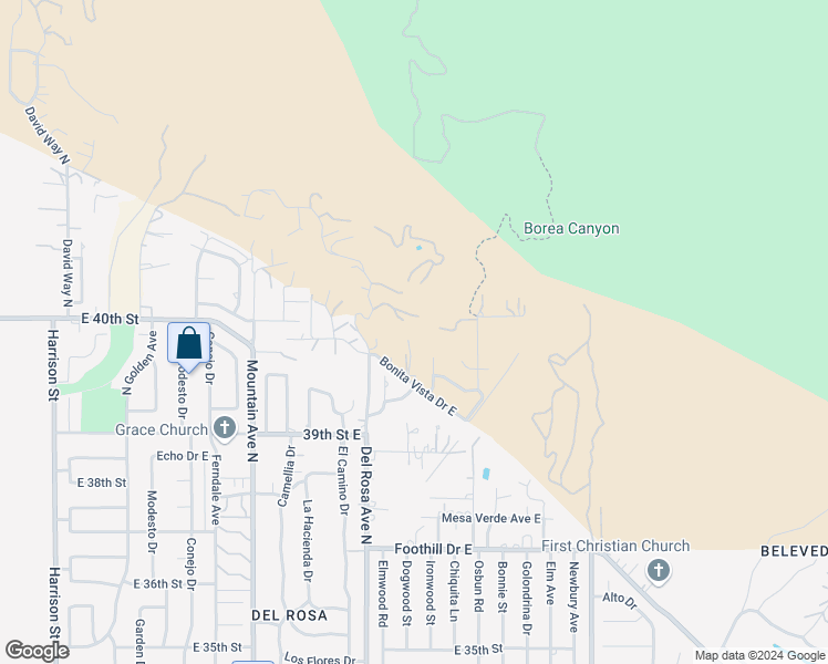 map of restaurants, bars, coffee shops, grocery stores, and more near 1694 Bonita Vista Drive East in San Bernardino