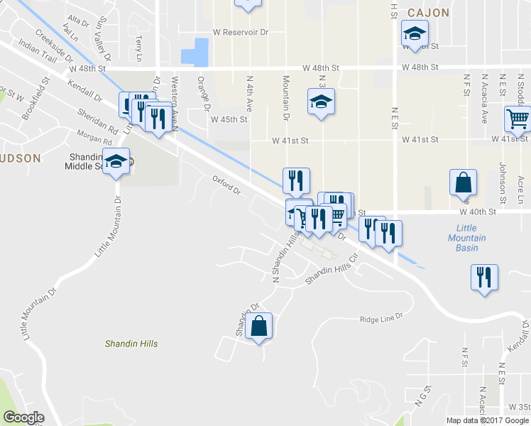 map of restaurants, bars, coffee shops, grocery stores, and more near 1132 Amberwood Court in San Bernardino