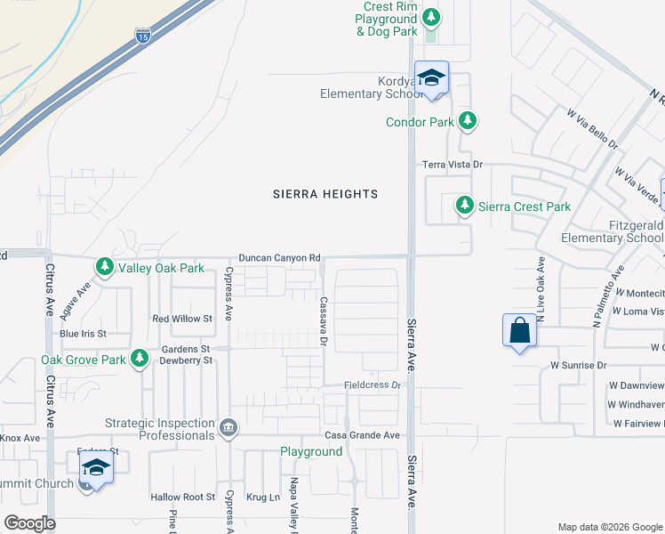 map of restaurants, bars, coffee shops, grocery stores, and more near 4936 Sierra Avenue in Fontana