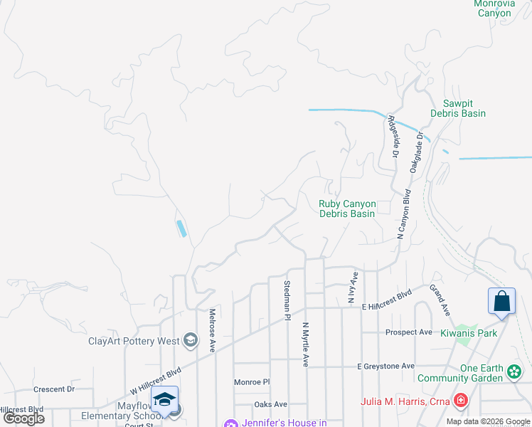 map of restaurants, bars, coffee shops, grocery stores, and more near 537 North Alta Vista Avenue in Monrovia