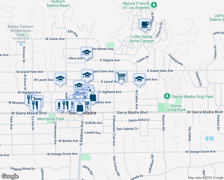 map of restaurants, bars, coffee shops, grocery stores, and more near 166 East Highland Avenue in Sierra Madre