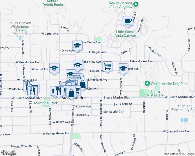 map of restaurants, bars, coffee shops, grocery stores, and more near 166 East Highland Avenue in Sierra Madre