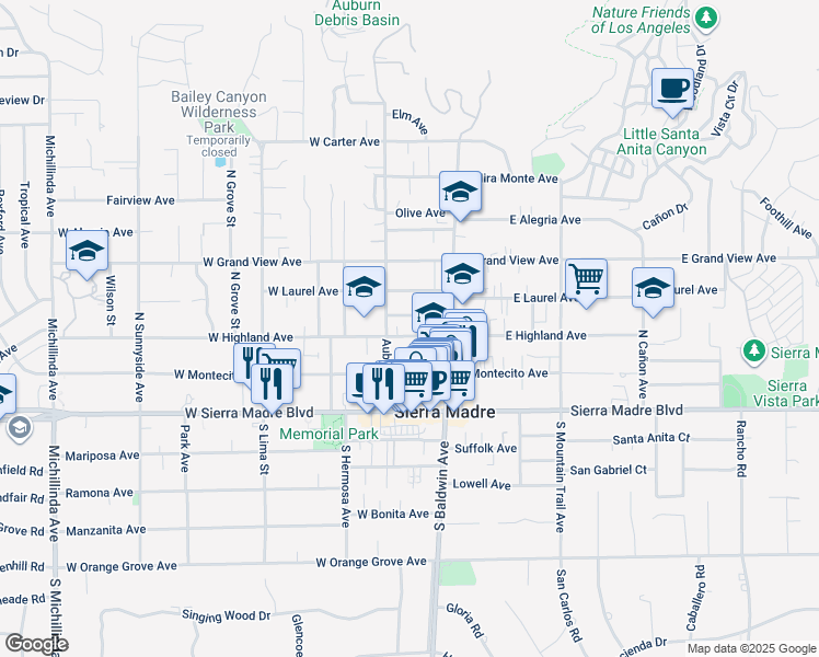 map of restaurants, bars, coffee shops, grocery stores, and more near 78 West Highland Avenue in Sierra Madre