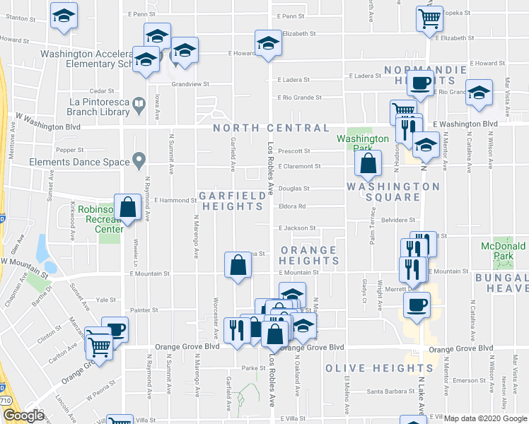 map of restaurants, bars, coffee shops, grocery stores, and more near in Pasadena