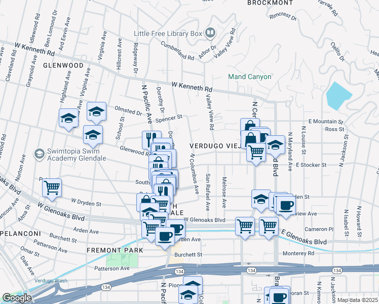 map of restaurants, bars, coffee shops, grocery stores, and more near 1210 Dorothy Drive in Glendale