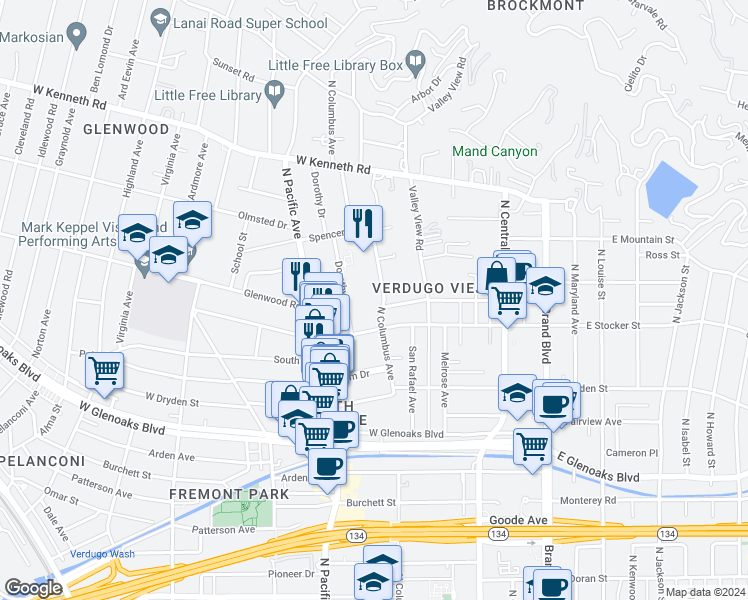 map of restaurants, bars, coffee shops, grocery stores, and more near 1210 Dorothy Drive in Glendale