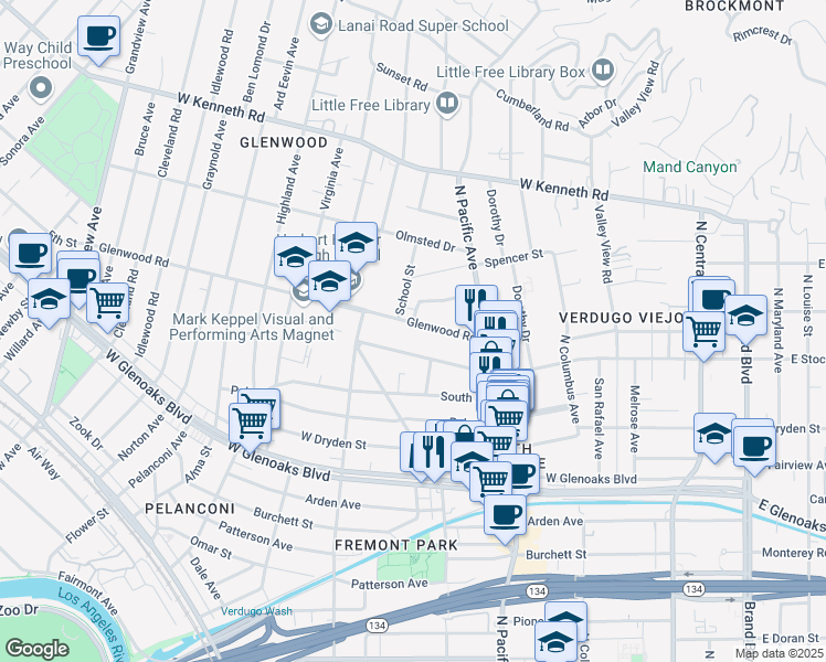 map of restaurants, bars, coffee shops, grocery stores, and more near 565 West Stocker Street in Glendale