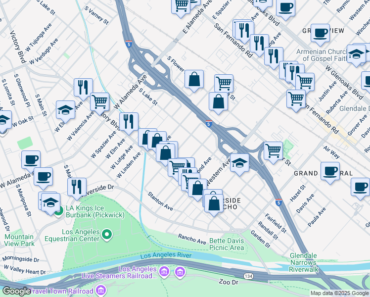 map of restaurants, bars, coffee shops, grocery stores, and more near 410 Thompson Avenue in Glendale