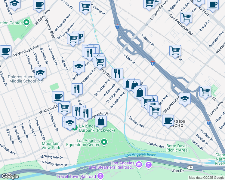 map of restaurants, bars, coffee shops, grocery stores, and more near 330 West Lutge Avenue in Burbank