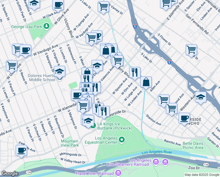 map of restaurants, bars, coffee shops, grocery stores, and more near 381 West Spazier Avenue in Burbank