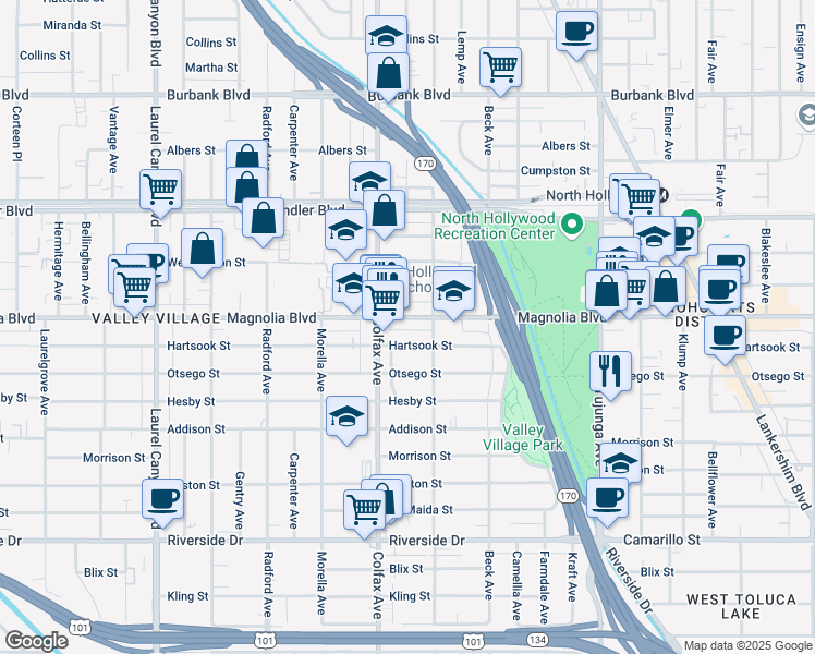 map of restaurants, bars, coffee shops, grocery stores, and more near 11600 Hartsook Street in Los Angeles